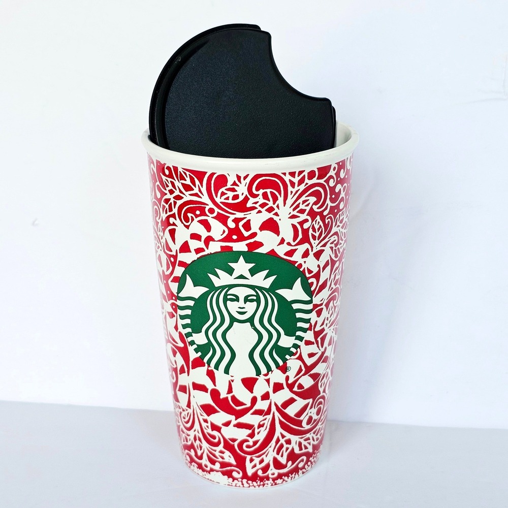 2016 Starbucks Ceramic Travel Tumbler 12oz Red White Holiday Filigree Mug